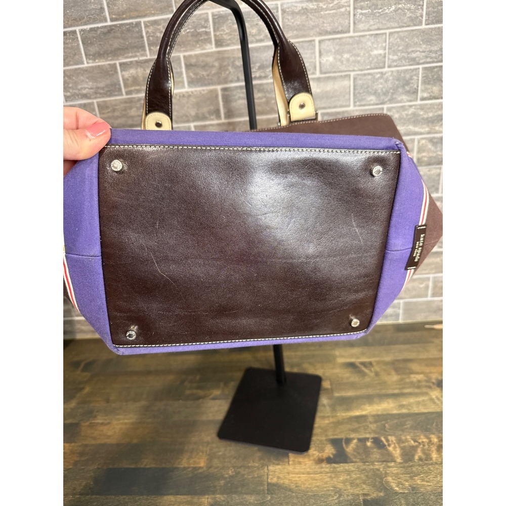Kate Spade New York Striped Canvas Tote Bag Brown Purple Leather Trim Large - Picture 7 of 12